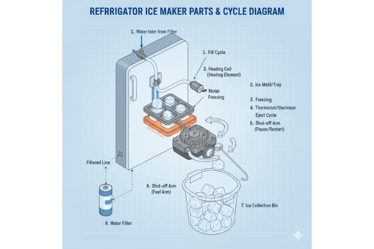 Diagram of refrigerator ice maker parts